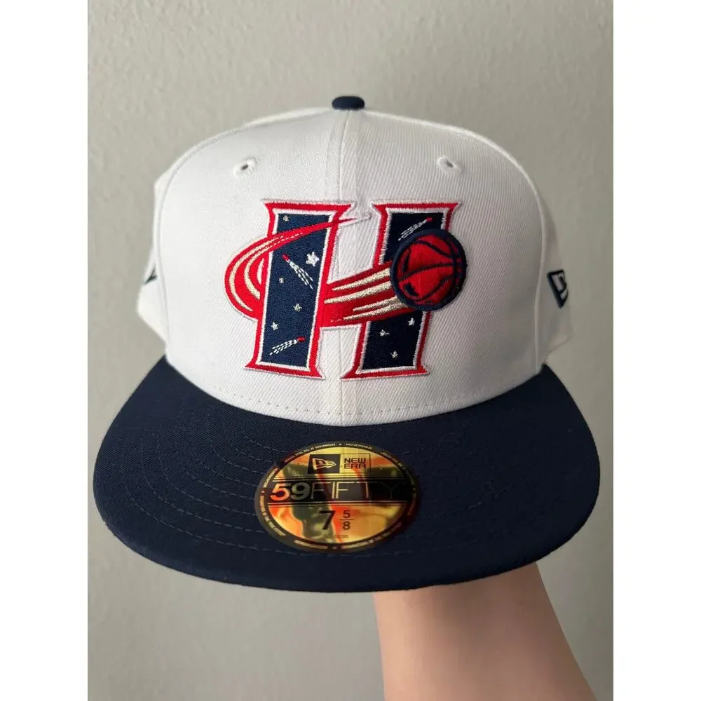 New Era 59FIFTY Houston Comets WNBA Fitted Hat White Navy Space Logo 7 5/8 NWT